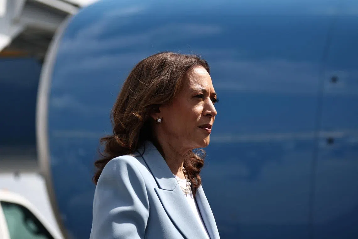 U.S. Vice President Kamala Harris deplanes before a presidential election campaign event in Atlanta, Georgia, U.S. July 30, 2024. REUTERS/Dustin Chambers