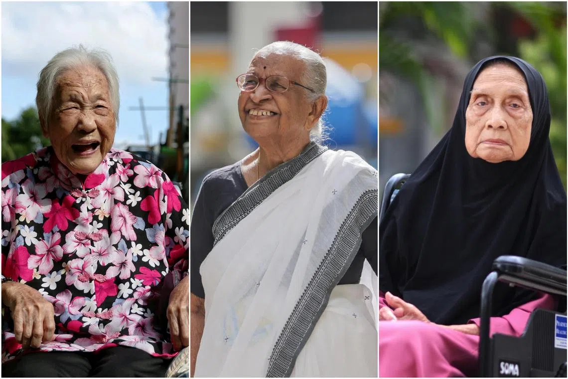 (From left) Madam Lee Yim Leng, 105; Madam Sharada Chellam, 101; Madam Masna Unwari, 99.