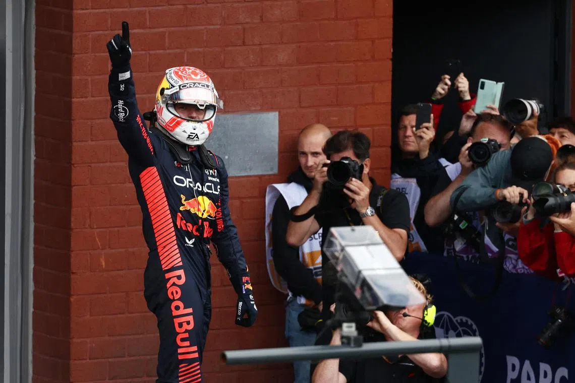 Red Bull's Max Verstappen celebrating after winning the Formula One Belgian Grand Prix at Spa-Francorchamps on Sunday.