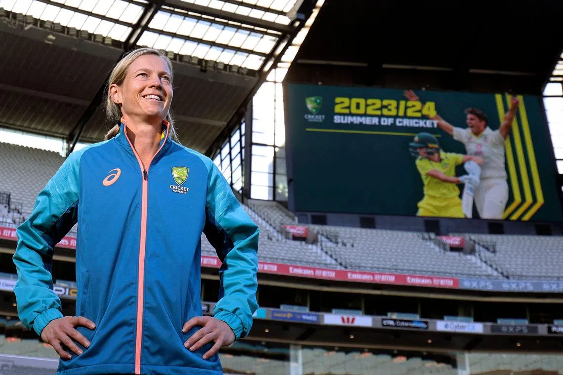 Meg Lanning, captain of the Australian women's cricket team, posing for a photo during a press conference in May announcing Cricket Australia's 2023-2024 schedule, at the Melbourne Cricket Ground.