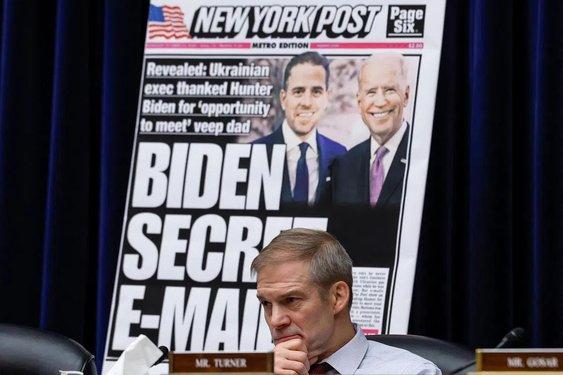 US House Oversight and Accountability Committee member Representative Jim Jordan, a Republican, at the committee's hearing about Twitter's handling of a 2020 New York Post story about Hunter Biden and his laptop.