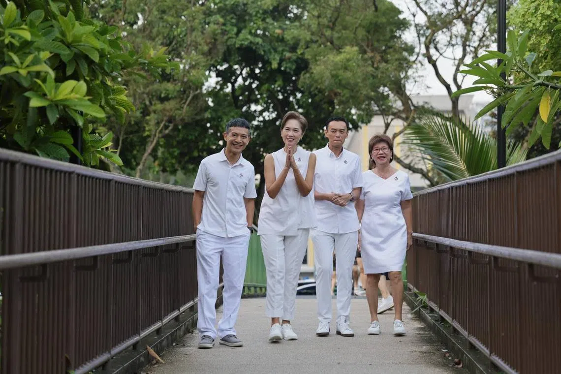 (From left) PAP new face Mr Shawn Loh, with Jalan Besar GRC MPs - Minister for Digital Development and Information Josephine Teo, Dr Wan Rizal Wan Zakariah and Ms Denise Phua - at Whampoa Park on April 16.