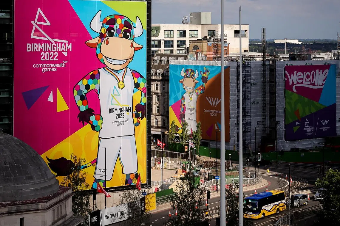Birmingham’s main thoroughfares decorated with billboards welcoming athletes and sports fans to the 2022 Commonwealth Games.

