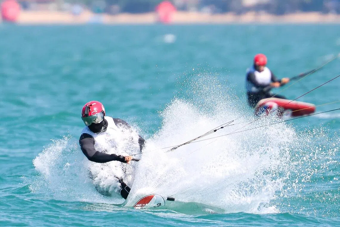 Singapore’s Maximilian Maeder gliding his way to the gold medal in the men’s Formula Kite event off the shores of Jomtien Beach in Pattaya on Dec 16. While victory in the first 12 races gave him an unassailable lead for the title on Dec 16, he won the remaining four races the following day too.