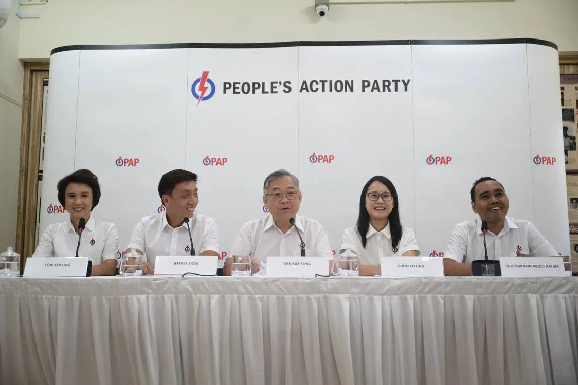 Ms Low Yen Ling, Mr Jeffrey Siow, DPM Gan Kim Yong, Dr Choo Pei Ling, and Mr Zhulkarnain Abdul Rahim at a press conference on April 14, 2025.