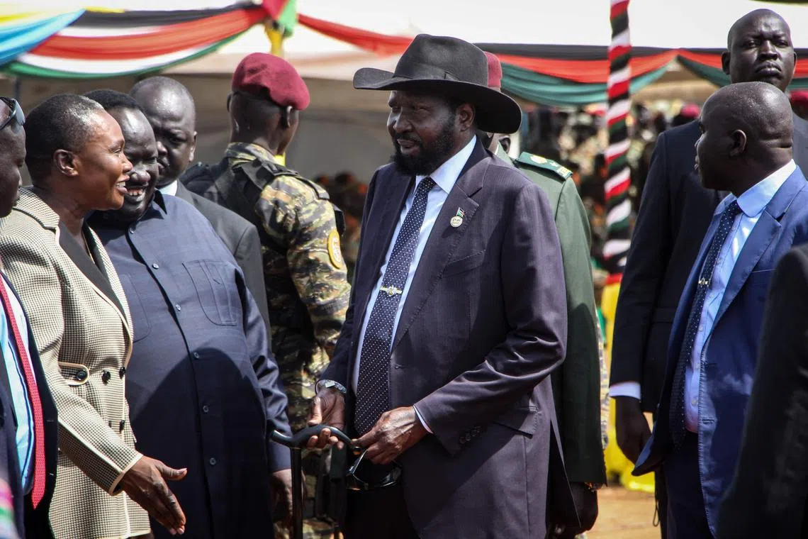 South Sudan’s President Salva Kiir (C) attends the departure ceremony of the South Sudan People's Defence Forces (SSPDF) as they are deployed to the Democratic Republic of Congo (DRC) at the SSPDF Headquarters in Juba on December 28, 2022. - South Sudan will send 750 soldiers to the eastern Democratic Republic of Congo soon to join a regional force fighting a rebel offensive, a military spokesman said Wednesday.
Fierce fighting in recent months between Congolese troops and the M23 rebel group prompted the East African Community (EAC) bloc to deploy a joint regional force to quell the violence, with Kenya and Uganda also sending soldiers to the DRC. (Photo by Samir BOL / AFP)
