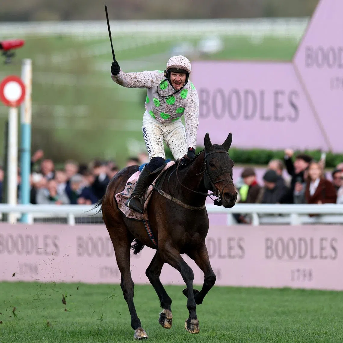 Horse Racing - Cheltenham Festival - Cheltenham Racecourse, Cheltenham, Britain - March 13, 2026 Gaelic Warrior ridden by Paul Townend celebrates after passing the post to win the 16:00 Boodles Cheltenham Gold Cup Chase Action Images via Reuters/Andrew Boyers