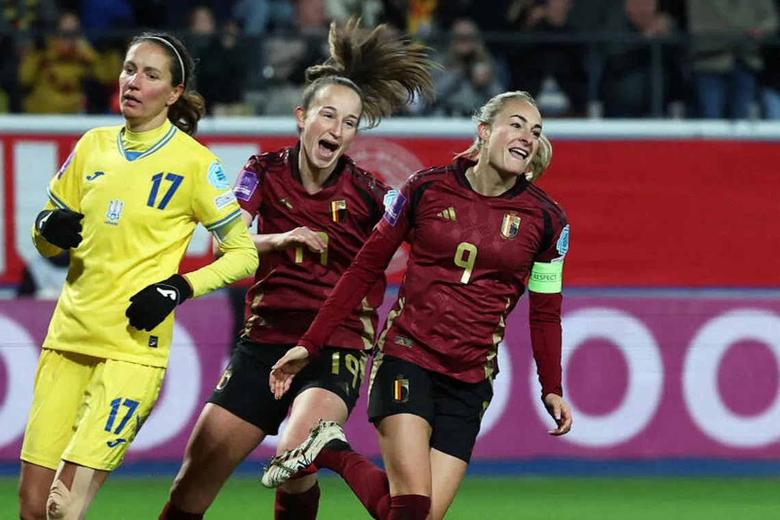 Soccer Football - Women's World Cup - Women's European Qualifiers - Belgium v Ukraine - Den Dreef, Leuven, Belgium - December 3, 2024 Belgium's Tessa Wullaert celebrates scoring their second goal REUTERS/Yves Herman/File Photo