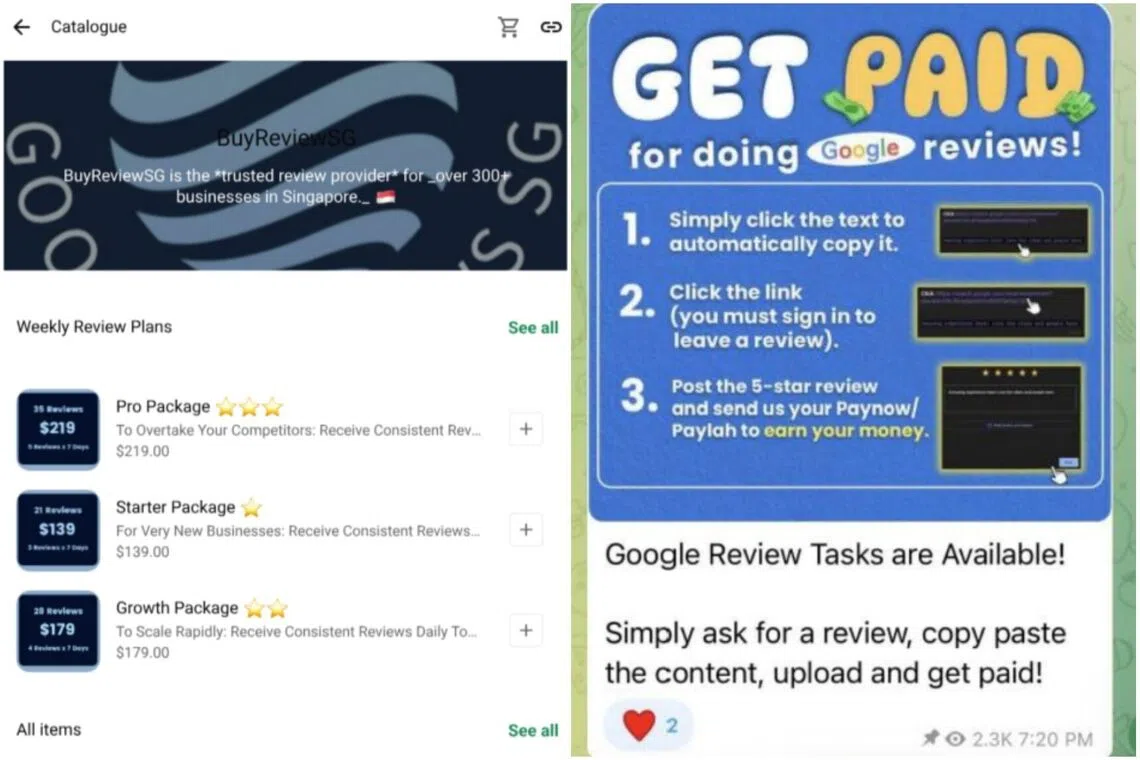 Screengrab images show businesses purchasing fake review packages (left) and individuals being recruited via Telegram to post them in exchange for payment (right).