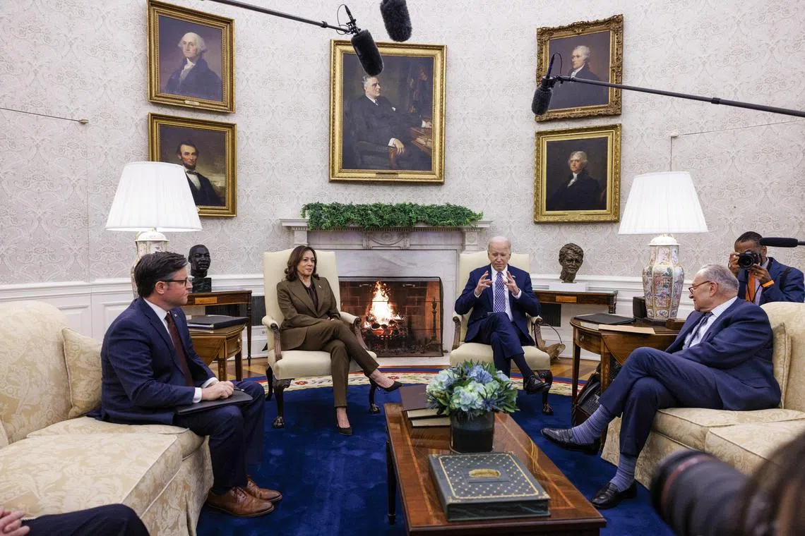 House Speaker Mike Johnson (far left), a Donald Trump ally who leads a razor-thin Republican majority, has refused to allow a vote on the so-called supplemental funding Bill, which includes aid for Ukraine.