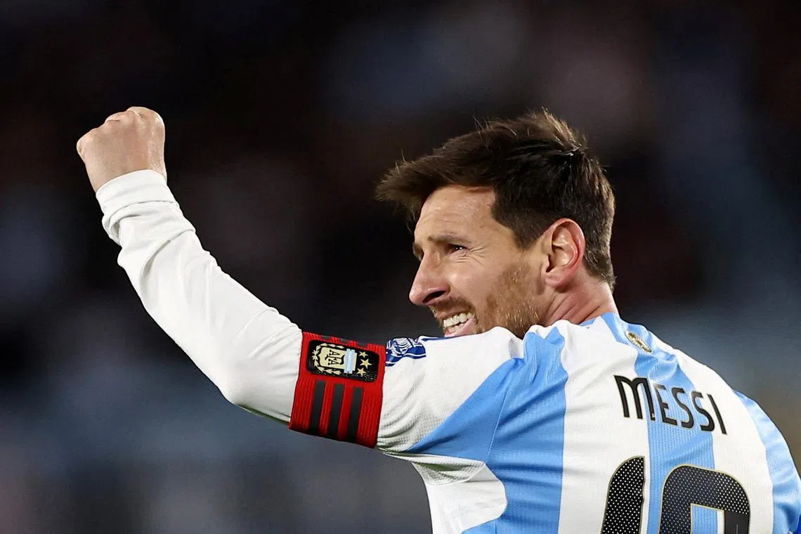 Soccer Football - World Cup - CONMEBOL Qualifiers - Argentina v Venezuela - Estadio Monumental, Buenos Aires, Argentina - September 4, 2025 Argentina's Lionel Messi celebrates scoring their third goal REUTERS/Agustin Marcarian