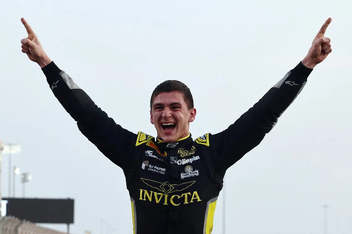 Formula One F1 - Qatar Grand Prix - Lusail International Circuit, Lusail, Qatar - November 30, 2025 Leonardo Fornaroli celebrates after winning the Formula 2 title. REUTERS/Jakub Porzycki