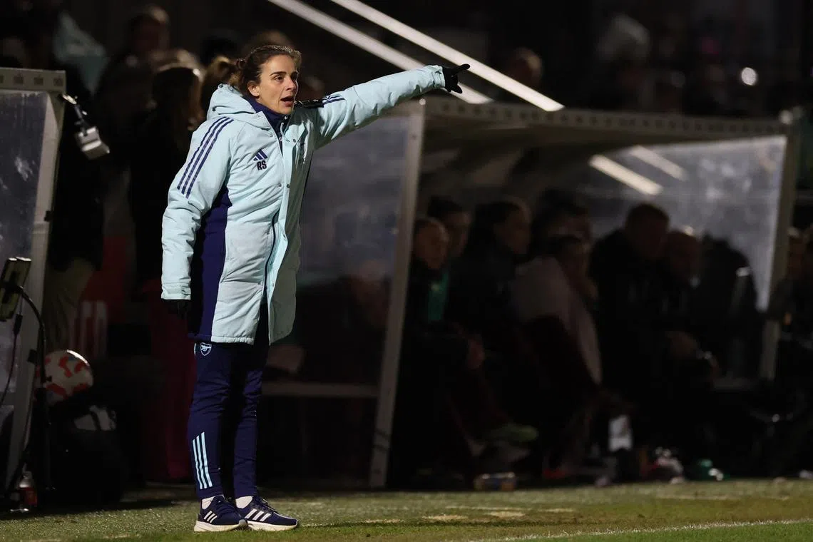 FILE PHOTO: Soccer Football - Women's Super League - Arsenal v West Ham United - Meadow Park, Borehamwood, Britain - March 2, 2025 Arsenal manager Renee Slegers gestures during the match Action Images via Reuters/Paul Childs