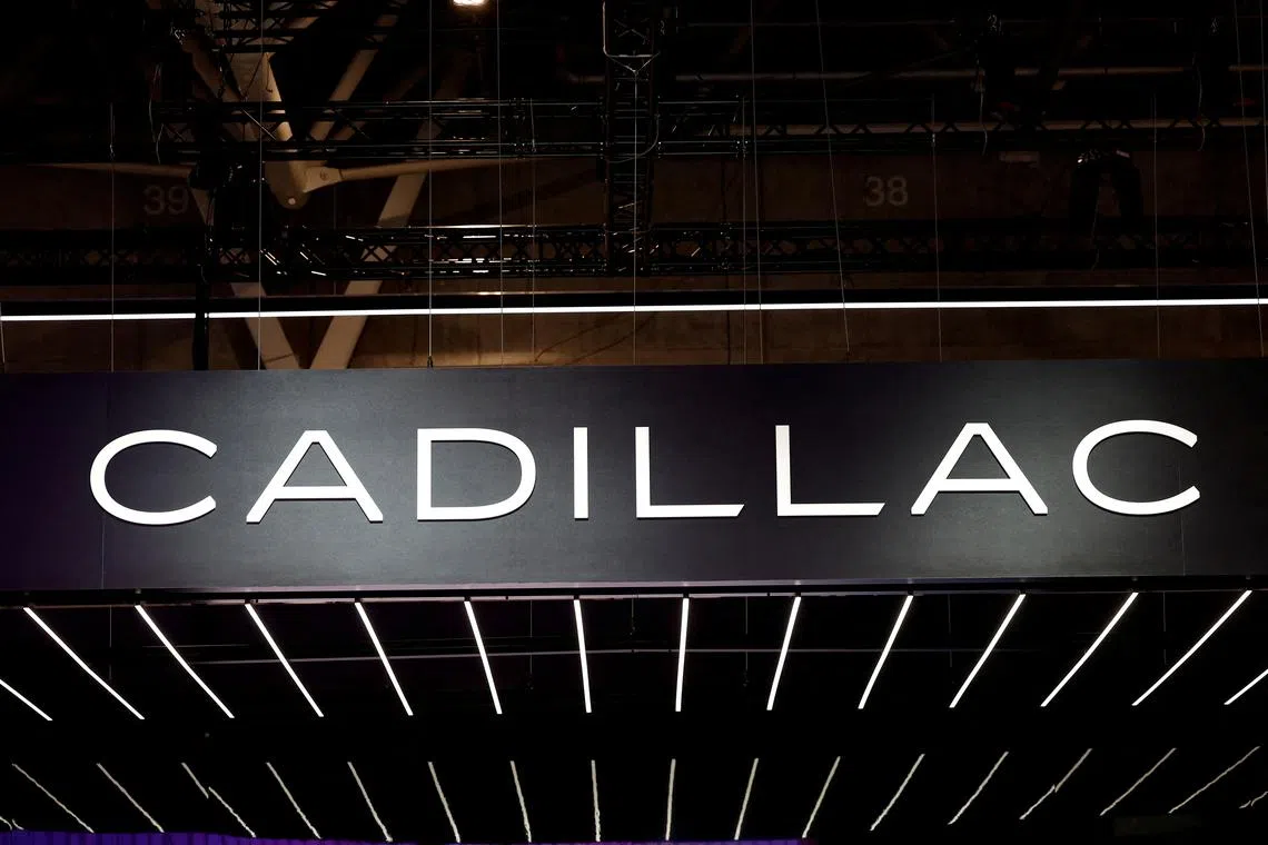 FILE PHOTO: A logo of Cadillac is seen on media day at the 2024 Paris Auto Show in Paris, France, October 14, 2024. REUTERS/Benoit Tessier/File Photo