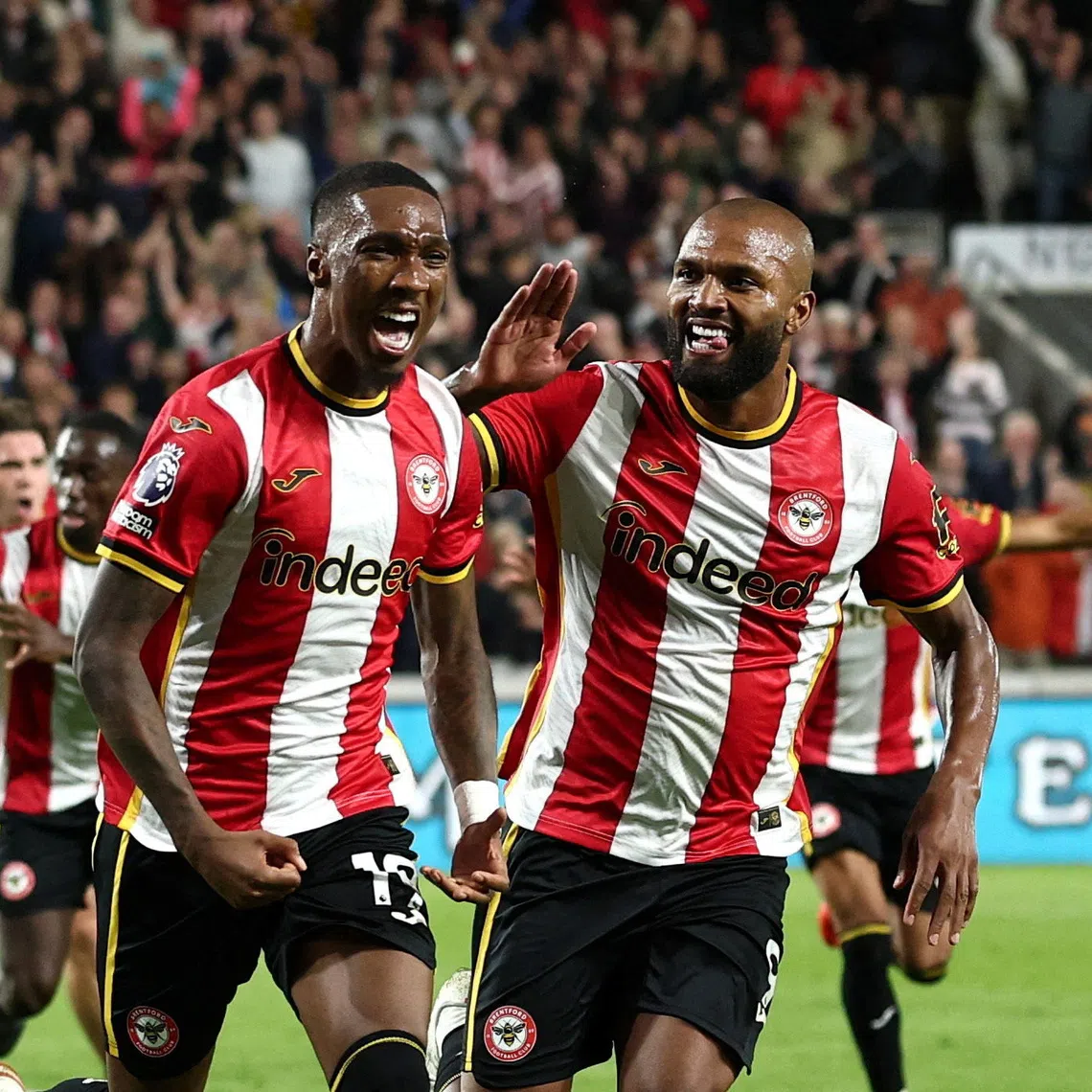 Brentford’s Jaidon Anthony (left) celebrates scoring their first goal against Chelsea in Sept 18’s Premier League match with Igor Thiago. Goals from Jaidon Anthony, Igor Thiago and Fabio Carvalho took unbeaten Brentford above their west London neighbours and up to third in the table.