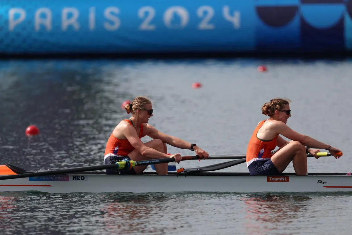 Paris 2024 Olympics - Rowing - Women's Pair Semifinal A/B 1 - Vaires-sur-Marne Nautical Stadium - Flatwater, Vaires-sur-Marne, France - July 31, 2024. Ymkje Clevering of Netherlands and Veronique Meester of Netherlands in action. REUTERS/Molly Darlington