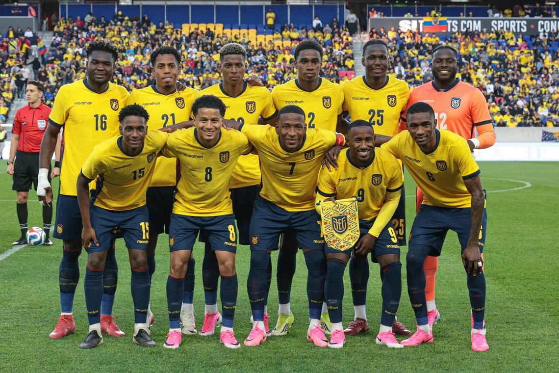 May 30, 2026; Harrison, New Jersey, USA; Ecuador starting eleven pose for a picture before a match before an international friendly against Saudi Arabia at Sports Illustrated Stadium. Mandatory Credit: Vincent Carchietta-Imagn Images