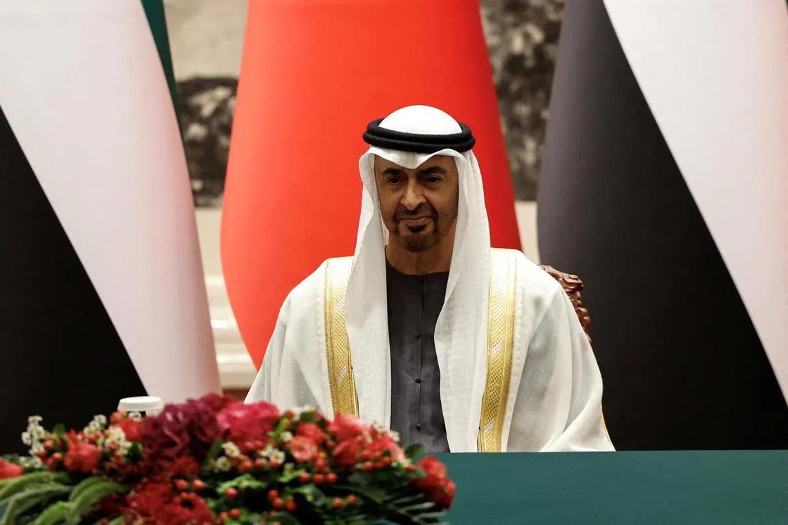 FILE PHOTO: United Arab Emirates President Sheikh Mohammed bin Zayed Al Nahyan attends a signing ceremony with Chinese President Xi Jinping (not pictured) at the Great Hall of the People in Beijing, China May 30, 2024. REUTERS/Tingshu Wang/Pool/File Photo