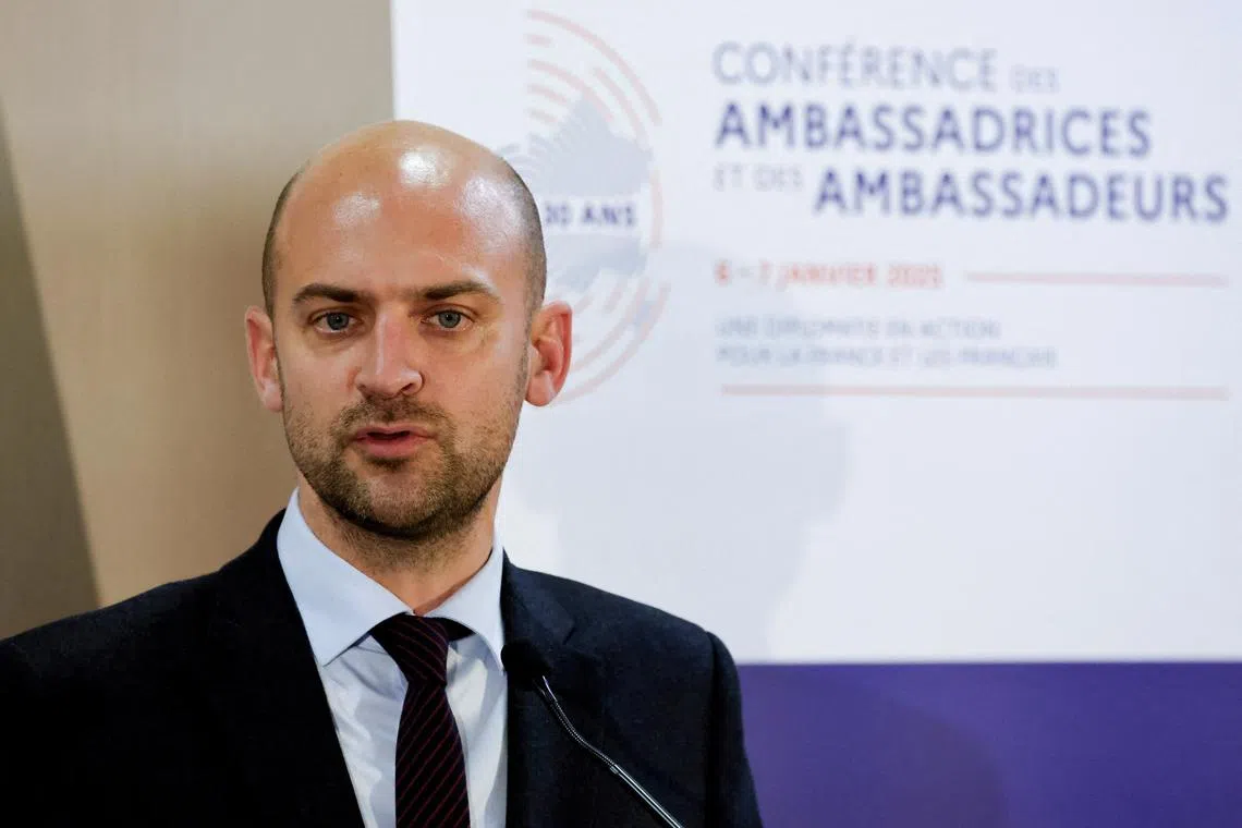 FILE PHOTO: France's Minister for Europe and Foreign Affairs Jean-Noel Barrot delivers a speech during the annual conference of French ambassadors at the International Conference Centre of the French Foreign Affairs ministry in Paris, France on January 6, 2025.  LUDOVIC MARIN/Pool via REUTERS/File Photo