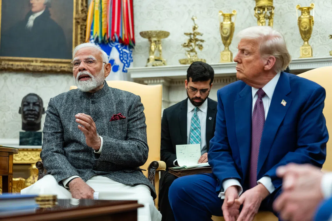 India's Prime Minister Narendra Modi (left) and US President Donald Trump in the Oval Office of the White House on Feb 13.
