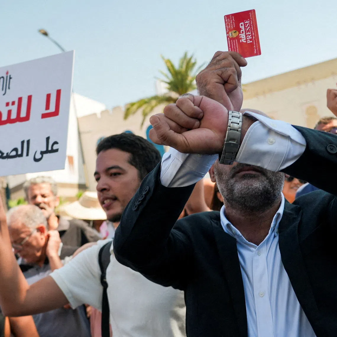Tunisian journalists participate in a rally called by the Tunisian journalists' union to demand the release of journalist Mohamed Yousfi, a vocal critic of President Kais Saied, amid a widespread crackdown on journalists, in Tunis, Tunisia. September 8, 2026. REUTERS/ Jihed Abidellaoui