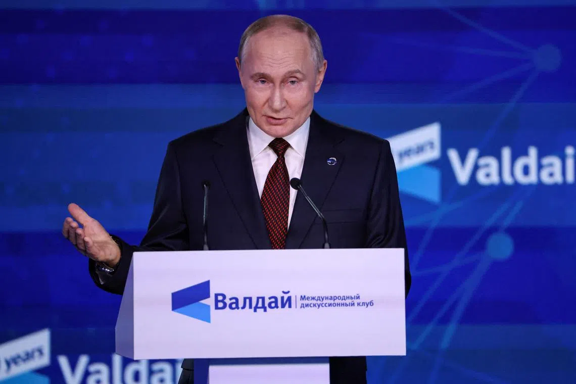 Russian President Vladimir Putin delivers a speech during a plenary session as part of the 21st annual meeting of the Valdai Discussion Club titled 'Lasting peace on what basis? Common security and equal opportunities for development in the 21st century' in Sochi, Krasnodar region, Russia, 07 November 2024.  MAXIM SHIPENKOV/Pool via REUTERS