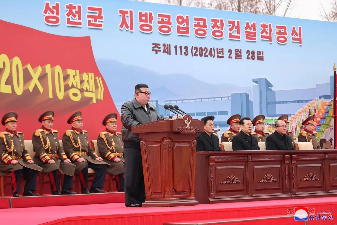North Korean leader Kim Jong Un attends the groundbreaking ceremony for the construction of a factory in Songchon County, North Korea, February 28, 2024.    KCNA via REUTERS/File Photo