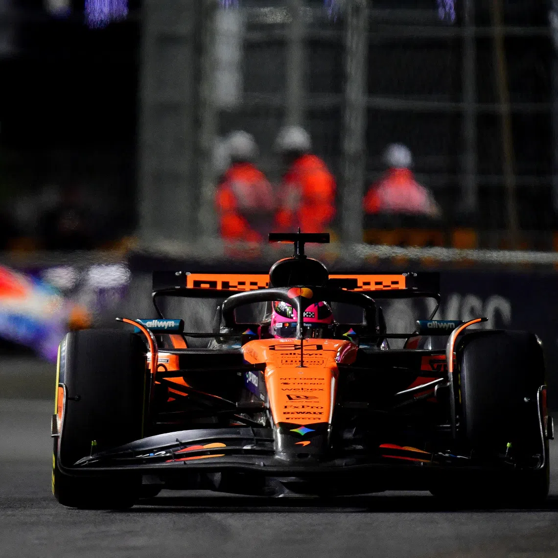Nov 21, 2025; Las Vegas, NV, USA; McLaren driver Oscar Piastri (81) during the Las Vegas Grand Prix at Las Vegas Strip Circuit. Mandatory Credit: Gary A. Vasquez-Imagn Images