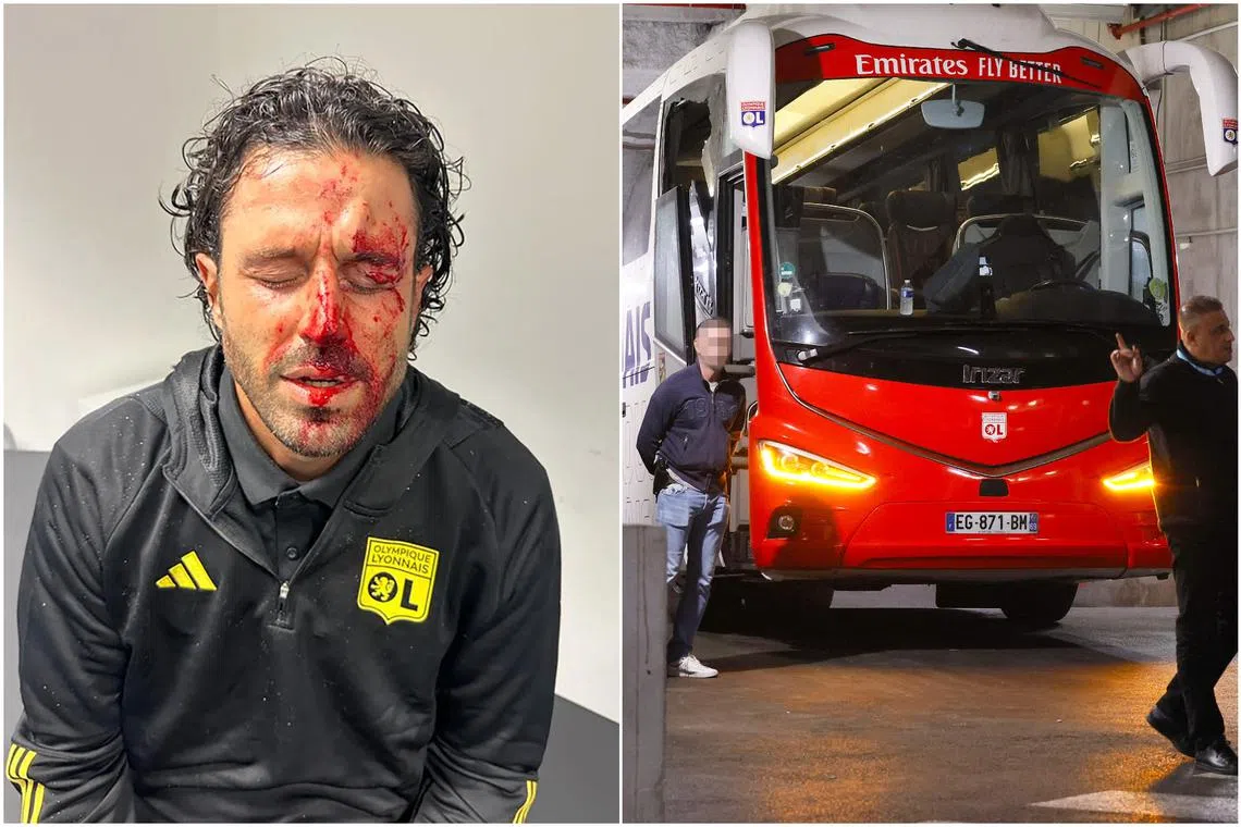 Lyon's team bus and some fans were pelted with stones and beer bottles, injuring Lyon coach Fabio Grosso.