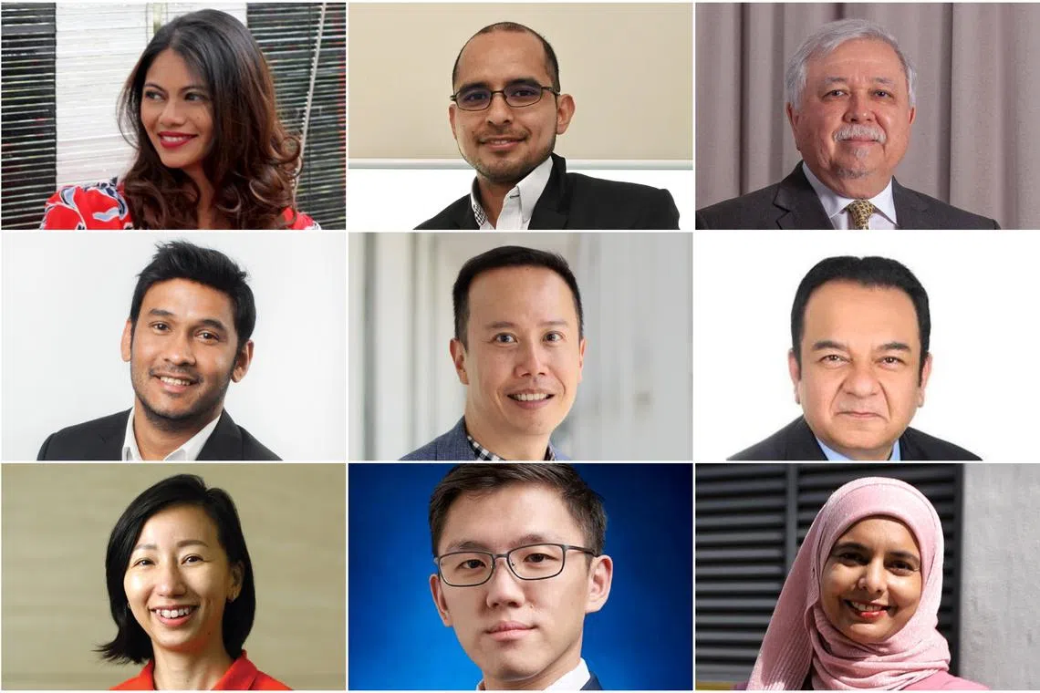 (Clockwise from top left) Ms Chandradas Usha Ranee, Dr Syed Harun Taha Alhabsyi, Mr Parekh Nimil Rajnikant, Mr Mark Lee Kean Phi, Mr Raj Joshua Thomas, Ms See Jinli, Mr Keith Chua Tiang Choon and associate professor Razwana Begum Abdul Rahim.