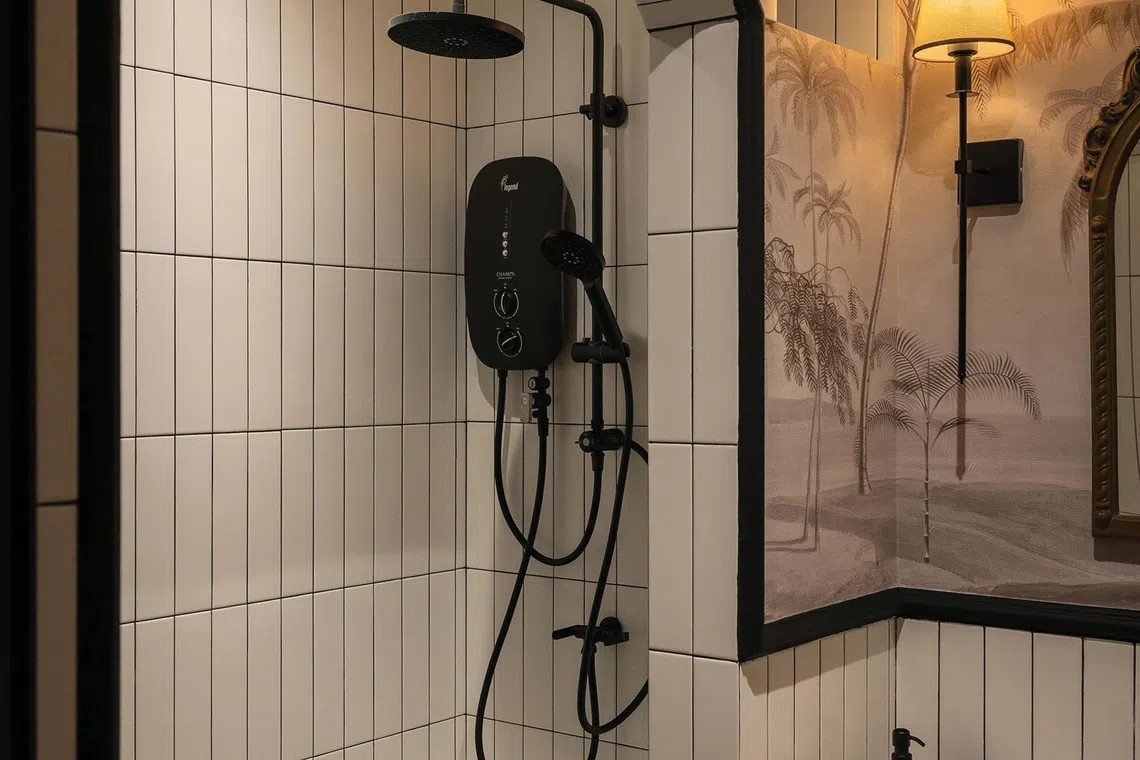 The master bathroom has a sit-down shower for elderly users.