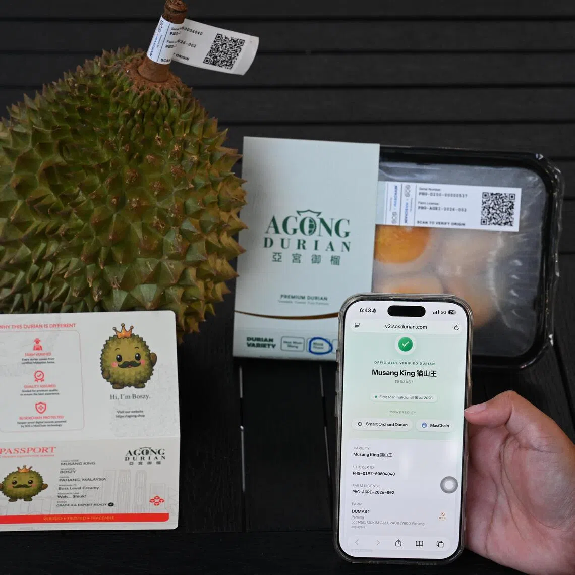The AGONG Durian, first brand in Asia to use blockchain tech to help consumers verify the type of durian they are eating, at an event at Thomson Plaza on July 9.