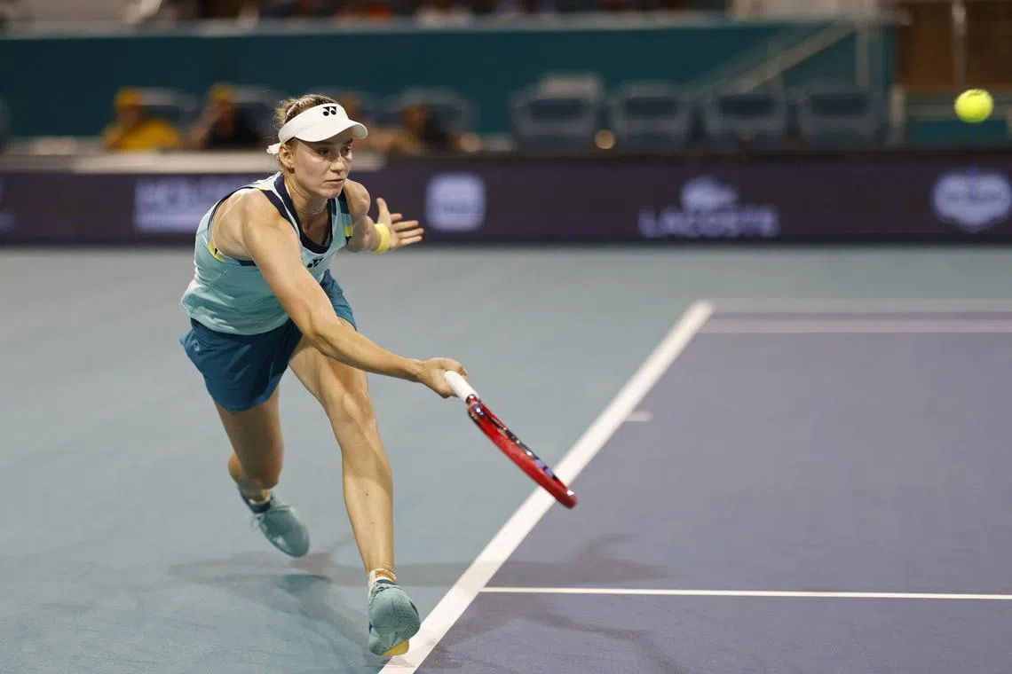 Mar 26, 2024; Miami Gardens, FL, USA; Elena Rybakina (KAZ) hits a forehand against Maria Sakkari (GRE) (not pictured) on day nine of the Miami Open at Hard Rock Stadium. Mandatory Credit: Geoff Burke-USA TODAY Sports