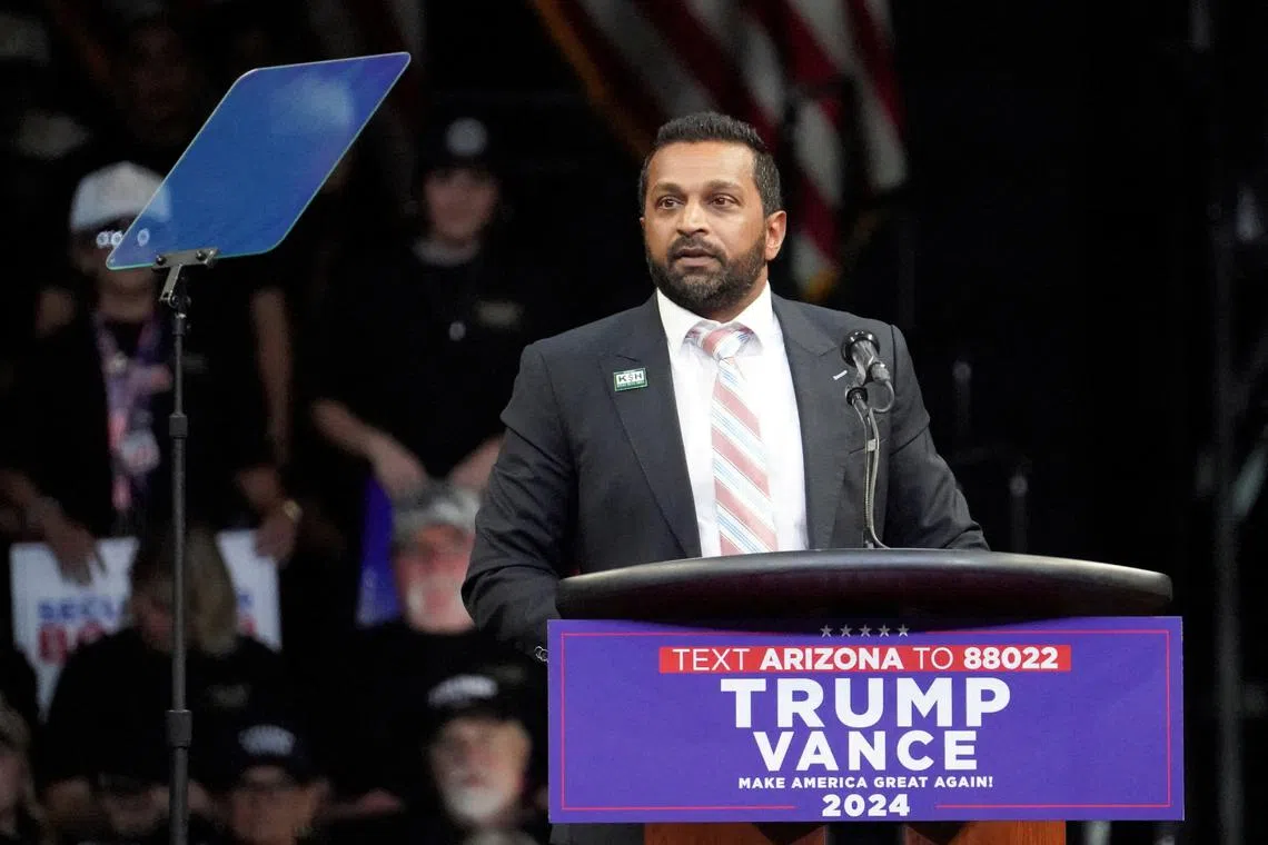 FILE PHOTO: Kash Patel, former chief of staff to the defense secretary speaks on the day Republican presidential candidae and former U.S. President Donald Trump holds a campaign rally, in Prescott Valley, Arizona, U.S., October 13, 2024.  REUTERS/Go Nakamura/File Photo
