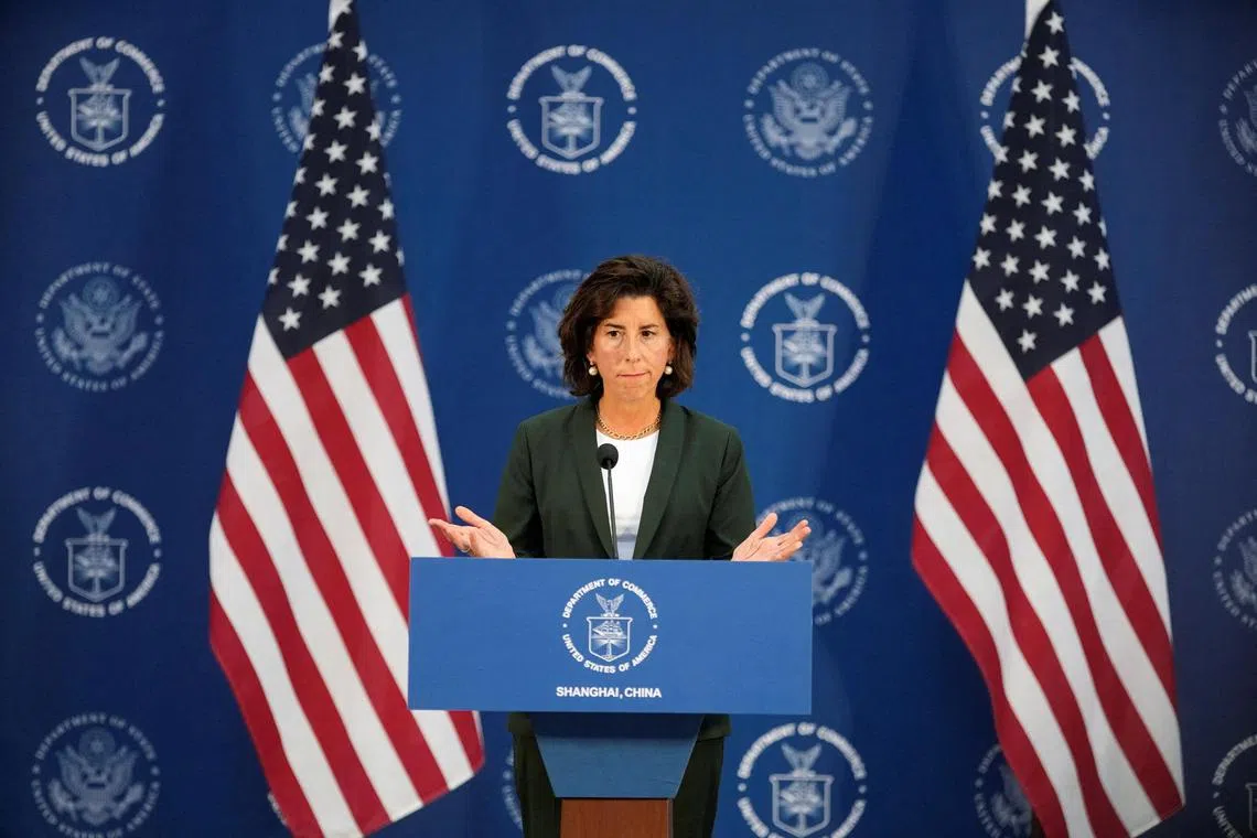 FILE PHOTO: U.S. Secretary of Commerce Gina Raimondo attends a press conference at the Boeing Shanghai Aviation Services near the Shanghai Pudong International Airport, in Shanghai, China August 30, 2023. REUTERS/Aly Song/File Photo