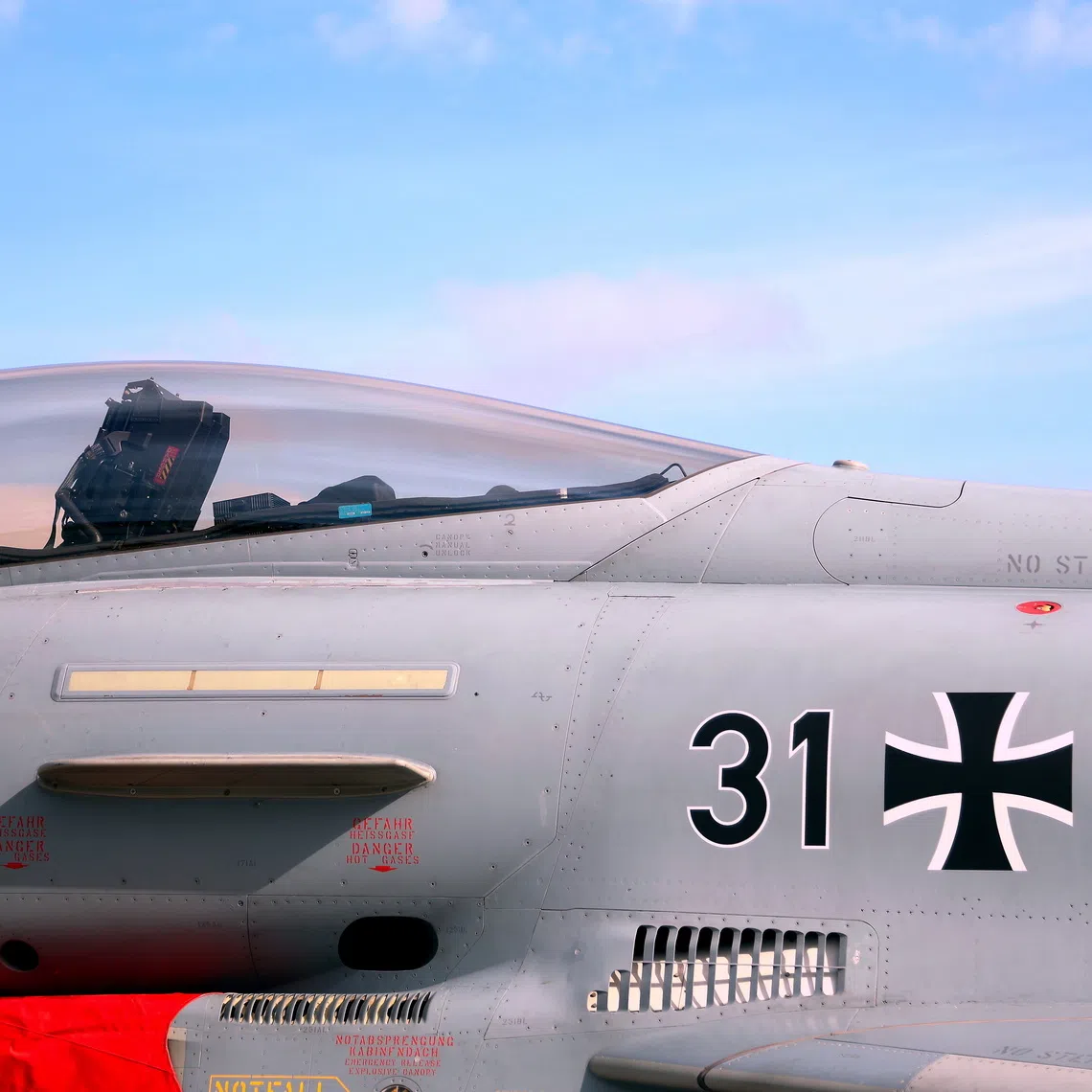 A German Air Force Eurofighter Typhoon jet on display during a NATO Media Day at Lielvarde Air Base, Latvia, on Oct 1.