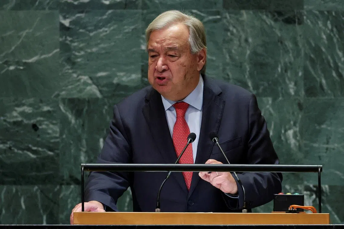 FILE PHOTO: United Nations Secretary-General Antonio Guterres addresses the 79th United Nations General Assembly at U.N. headquarters in New York, U.S., September 24, 2024.  REUTERS/Mike Segar/File Photo
