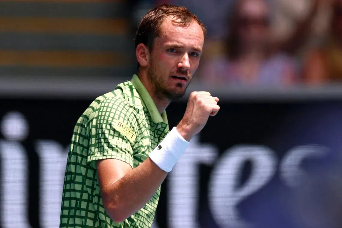 Tennis - Australian Open - Melbourne Park, Melbourne, Australia - January 19, 2026 Russia's Daniil Medvedev reacts during his first round match against Netherlands' Jesper de Jong REUTERS/Tingshu Wang