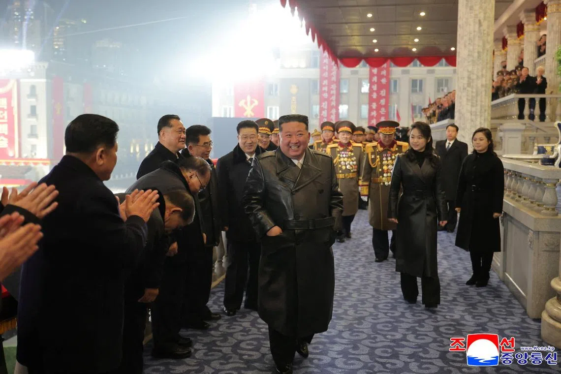 North Korean leader Kim Jong Un and his daughter Kim Ju Ae attend a military parade to commemorate the Ninth Congress of the ruling Workers' Party of Korea (WPK) in Pyongyang, North Korea, February 25, 2026, in this picture released by North Korea's official Korean Central News Agency. KCNA via REUTERS