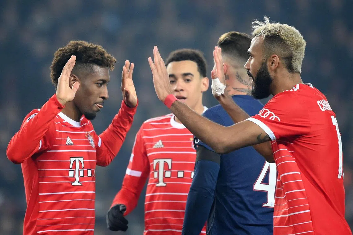 French forward Kingsley Coman (left) celebrates scoring for Bayern.