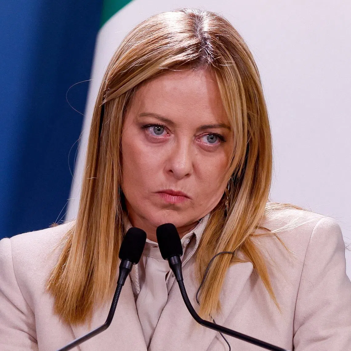 Italian Prime Minister Giorgia Meloni attends a joint statement with German Chancellor Friedrich Merz (not pictured) at the end of Italian-German government consultations at Villa Doria Pamphili in Rome, Italy, January 23, 2026. REUTERS/Remo Casilli