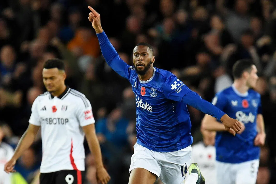 Everton's Beto celebrating after scoring an added-time equaliser in the 1-1 home English Premier league draw against Fulham at Goodison Park on Oct 26.