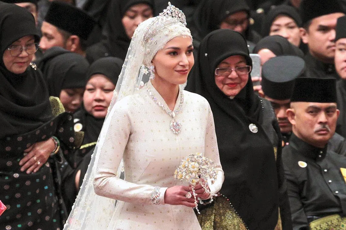 The royal bride Anisha Rosnah entering the royal throne hall at Istana Nurul Iman, in Bandar Seri Begawan, Brunei, on  Jan 14, 2024. 