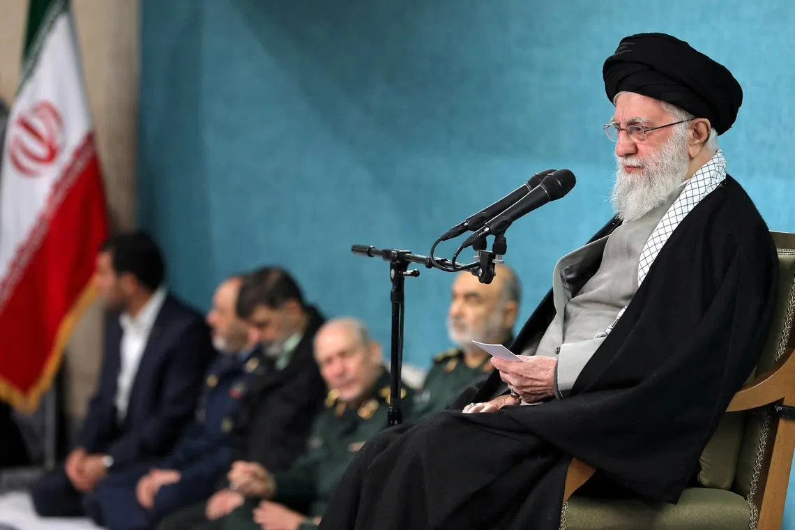 FILE PHOTO: Iran's Supreme Leader Ayatollah Ali Khamenei speaks during a meeting in Tehran, Iran, March 8, 2025. Office of the Iranian Supreme Leader/WANA (West Asia News Agency)/Handout via REUTER/File Photo