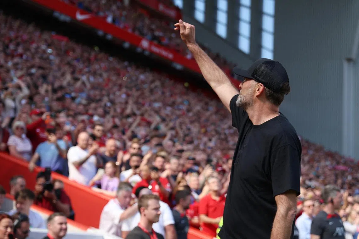 Soccer Football - Premier League - Liverpool v Wolverhampton Wanderers - Anfield, Liverpool, Britain - May 19, 2024 Liverpool manager Juergen Klopp reacts before his last match REUTERS/Phil Noble
