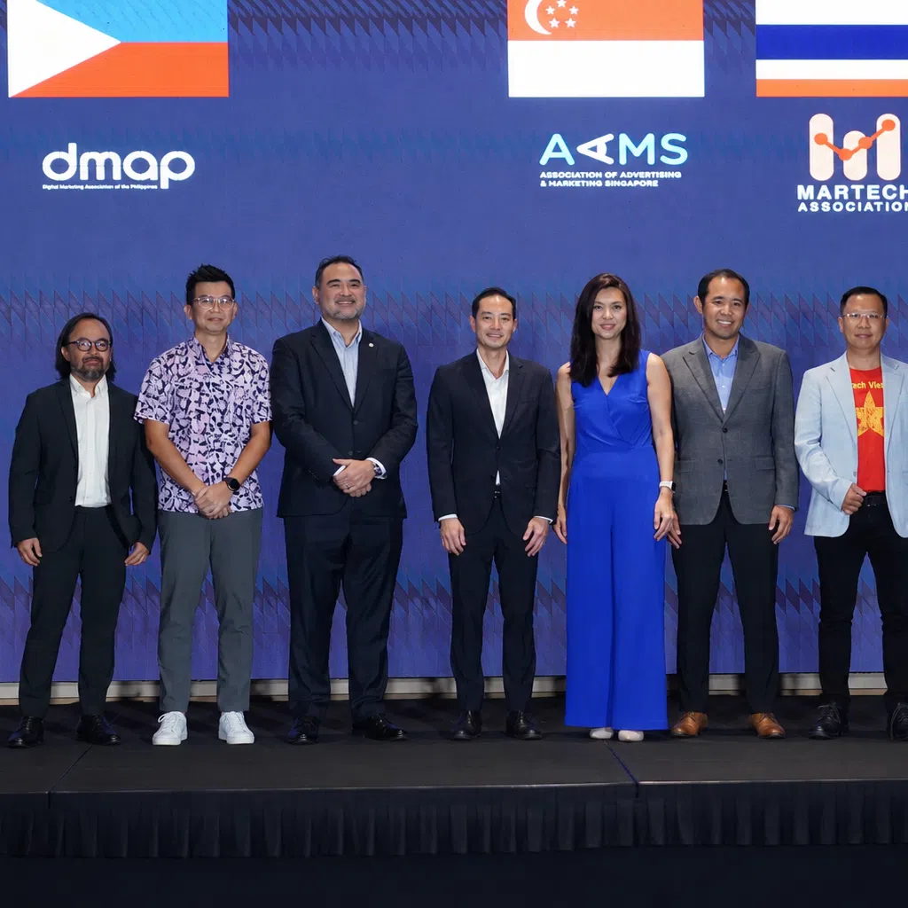 At the launch of Asia Admarcom Alliance in Singapore on July 9 were Senior Minister of State for Digital Development and Information Tan Kiat How (fourth from left), Association of Advertising & Marketing Singapore president Chloe Neo (fifth from left) and other Asian advertising and marketing association representatives (from left) Dian Gemiano, Nicholas Sagau, Miko David, Chaiyapong Lapliengtrakul and Dinh Le Dat.