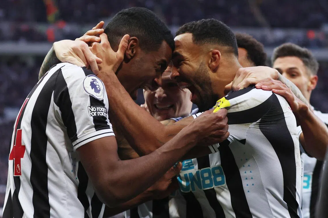 Newcastle United's Alexander Isak celebrates scoring their first goal with Callum Wilson and Kieran Trippier.