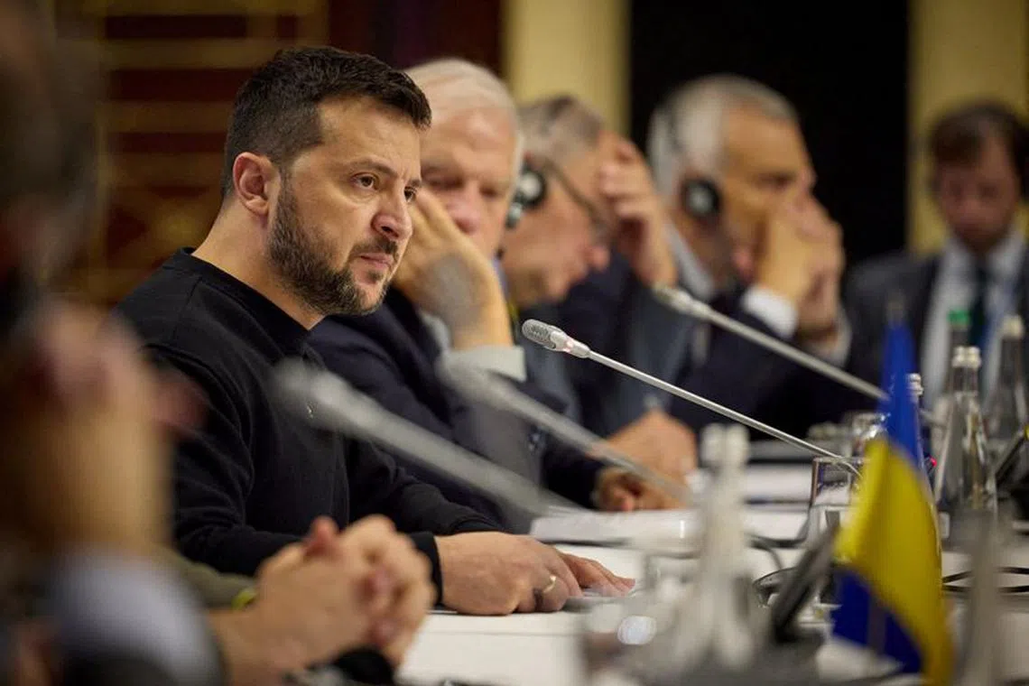 FILE PHOTO: Ukraine's President Volodymyr Zelenskiy speaks during a EU-Ukraine foreign ministers meeting, amid Russia's attack on Ukraine, in Kyiv, Ukraine October 2, 2023. Ukrainian Presidential Press Service/Handout via REUTERS ATTENTION EDITORS - THIS IMAGE HAS BEEN SUPPLIED BY A THIRD PARTY./File Photo
