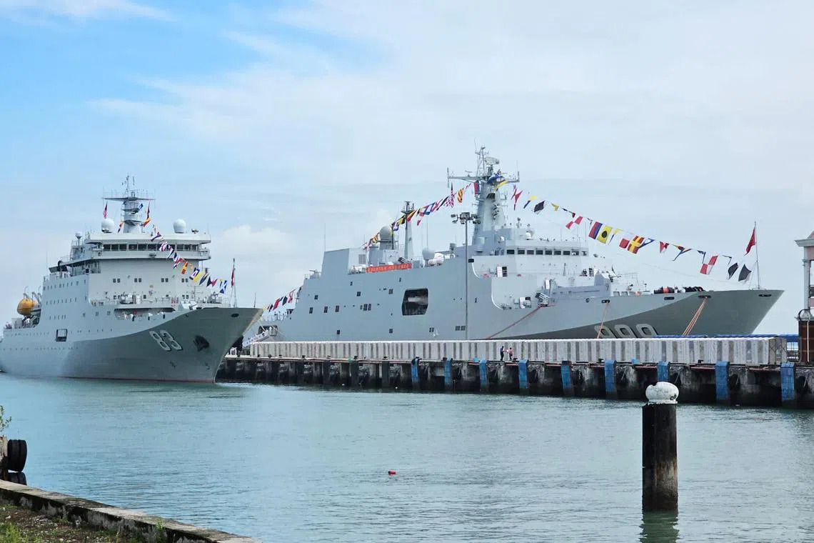 The two ships - the Qi Jiguang Training Vessel and the Jinggangshan - docked in Penang. 