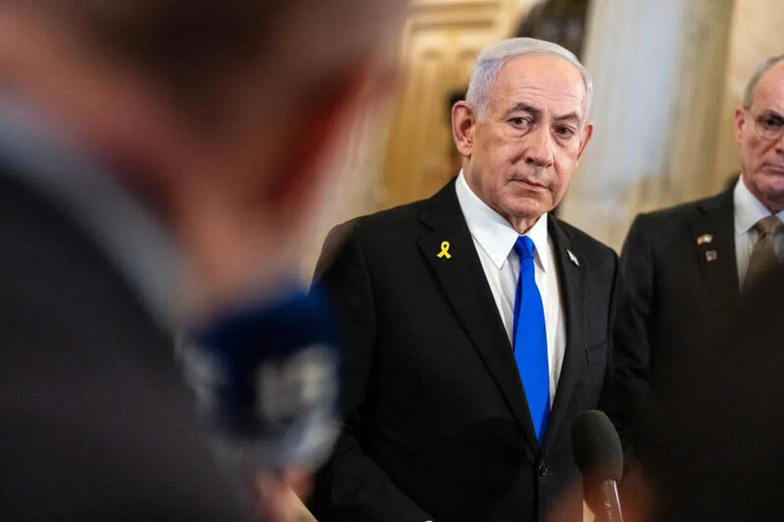 FILE Ñ Prime Minister of Israel Benjamin Netanyahu after a meeting with House Mike Johnson (R-La.) at the Capitol in Washington on July 8, 2025. Six weeks after Netanyahu scored a victory over Iran, the Israeli leader is now pushing for an Òall or nothingÓ deal with Hamas. But he has not made the compromises needed to make it happen. (Eric Lee/The New York Times)